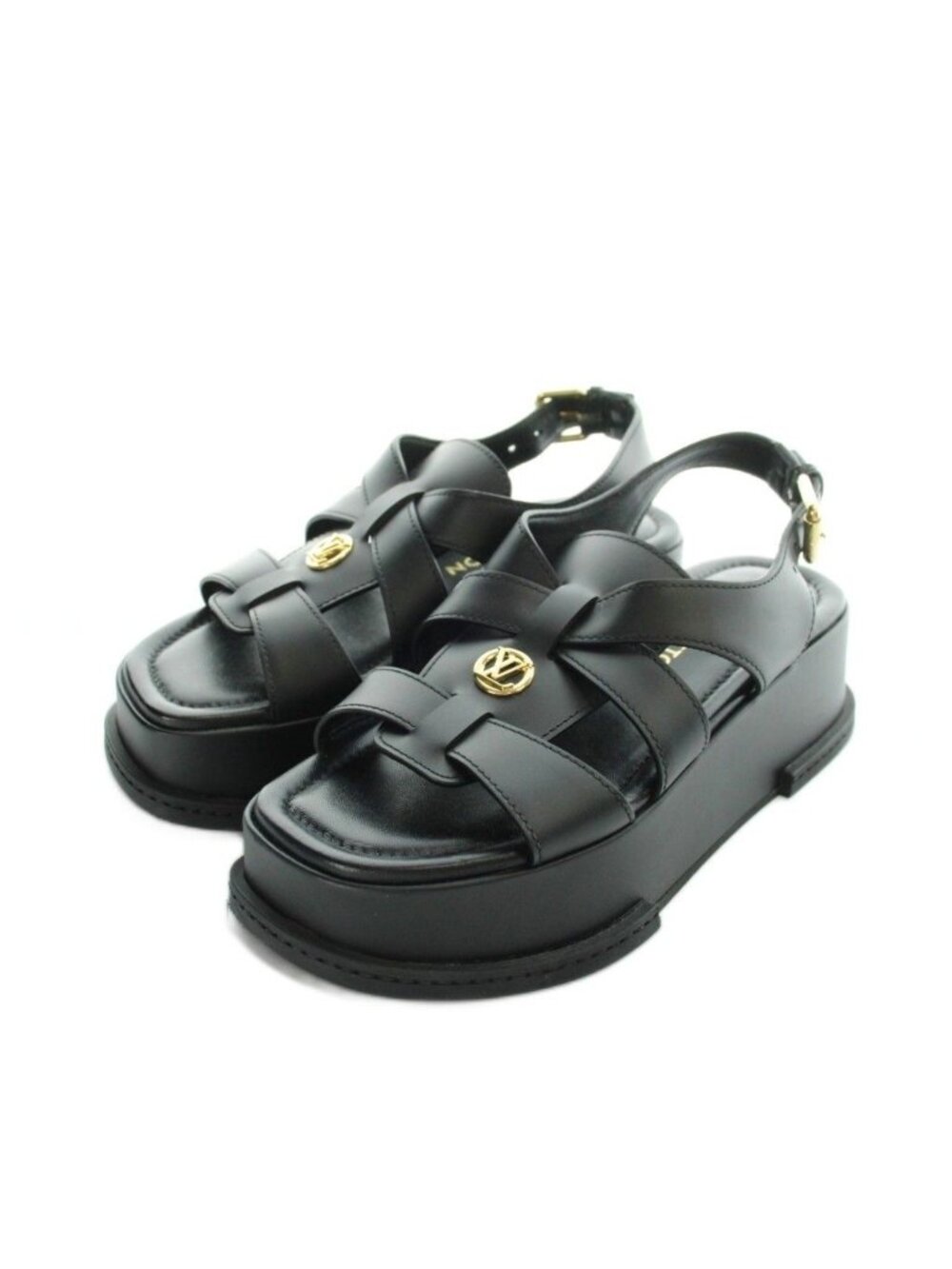 Louis Vuitton Maya Sandals Platform Gray Leather LV Circle Logo Black